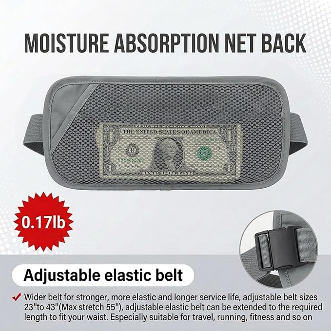 RFID Blocking Money Belt for Travel, Hidden Anti Theft Waist Pouch with RFID Protection, Slim Passport Holder Fanny Pack for Cash, Credit Cards, Phone & Travel Essentials (LightGrey) - Image 5