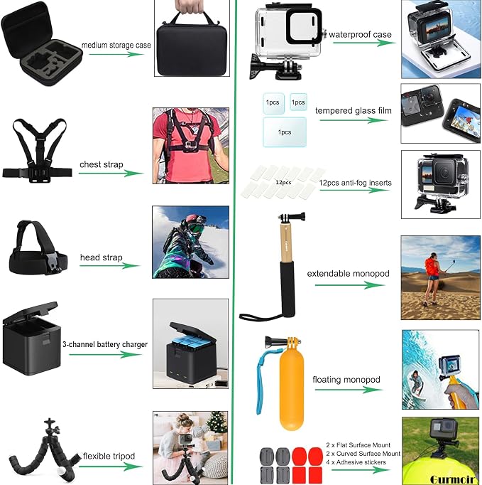 Accessories Kit with 2Battery and Charger for Go Pro 12 11 10 9 Camera, Top 10 Essential Accessories Bundle Compatible with GoPro Hero 12 Hero 11 Hero 10 Hero 9 Black - Image 8