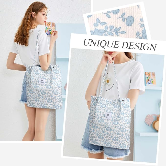 LHMTQVK Corduroy Tote Bags for Women, Large Capacity Tote Purse Reusable Grocery Shoulder Bag with Inner Pockets - Image 2