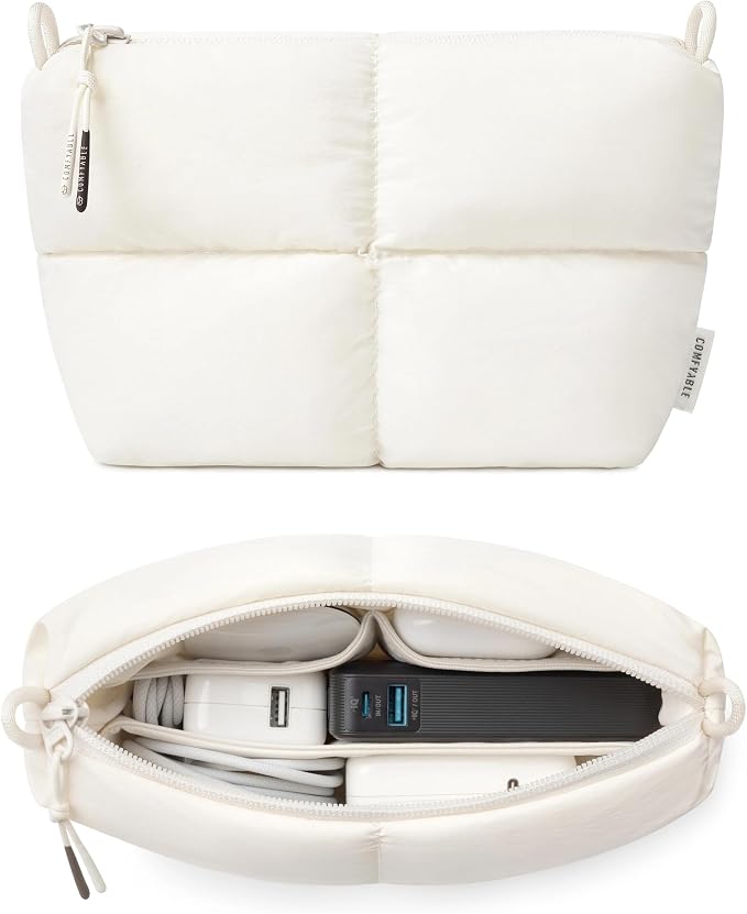 Comfyable Puffy Electronics Organizer Travel Case, Cute Tech Pouch for Women Men, Cable Storage Bag for Charger, Phone, Power Bank, Cord, Compact Tech Accessories Pouch, Rice by Comfyable