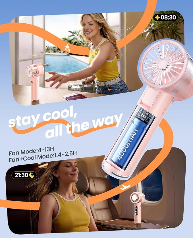 Handheld Fan with Ice Cooler, 13H Runtime, 16000RPM Turbo Motor, 100-Speed, 4000mAh Rechargeable Personal Fan, Portable Mini Hand Fan for Travel Outdoor Makeup Pink - Image 5