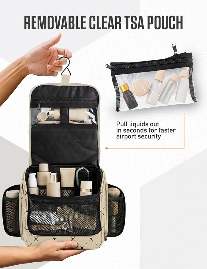VENTURE 4TH Hanging Travel Toiletry Bag, 17 Compartments - Beige Diamonds | Hangs on rails, hooks or doors; stands upright too. Removable TSA pouch. Water-resistant 900D Nylon, reinforced stitching. - Image 9