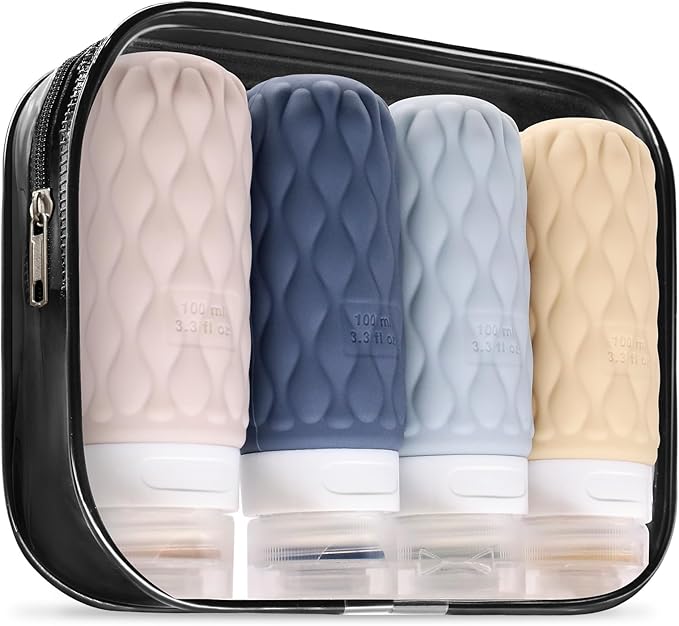 3.4oz Silicone Travel Bottles for Toiletries Refillable Liquid Accessories | for Shampoo and Conditioner, TSA Approved Leakproof Squeeze Bottles Travel-friendly with Labels/Clear Bag by Lericttor