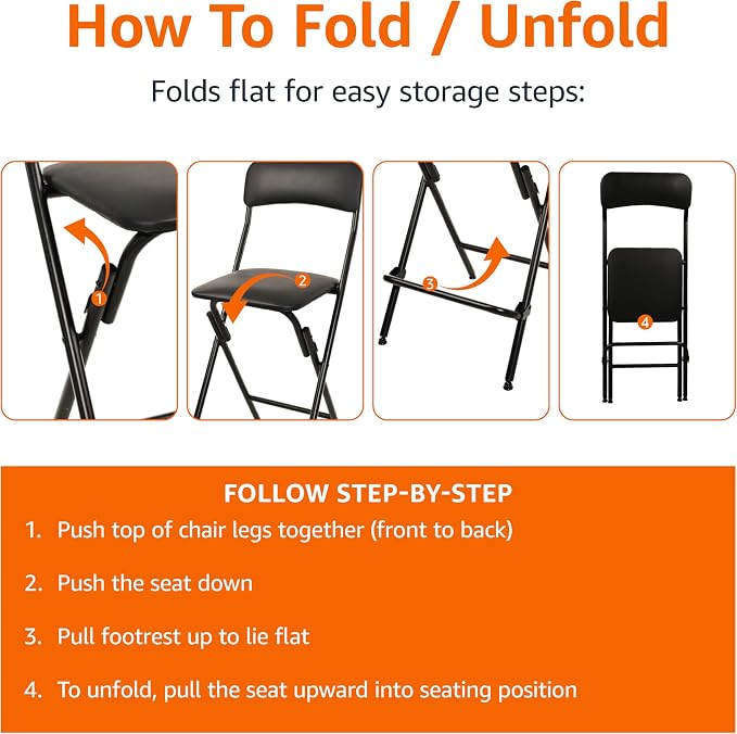 Amazon Basics Folding Bar Stool with Footrest, Portable, Sturdy, Space-Saving Storage, 300lb Capacity, 24" Height, Black, Set of 2 - Image 4
