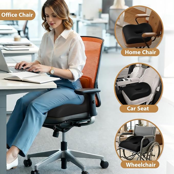 Ergonomic Memory Foam Seat Cushion for Office Chair, Black | Wheelchair Cushions for Tailbone, Hip, Sciatica Support, Soft & Breathable, Chair Pad for Long Sitting, Driving - Image 7