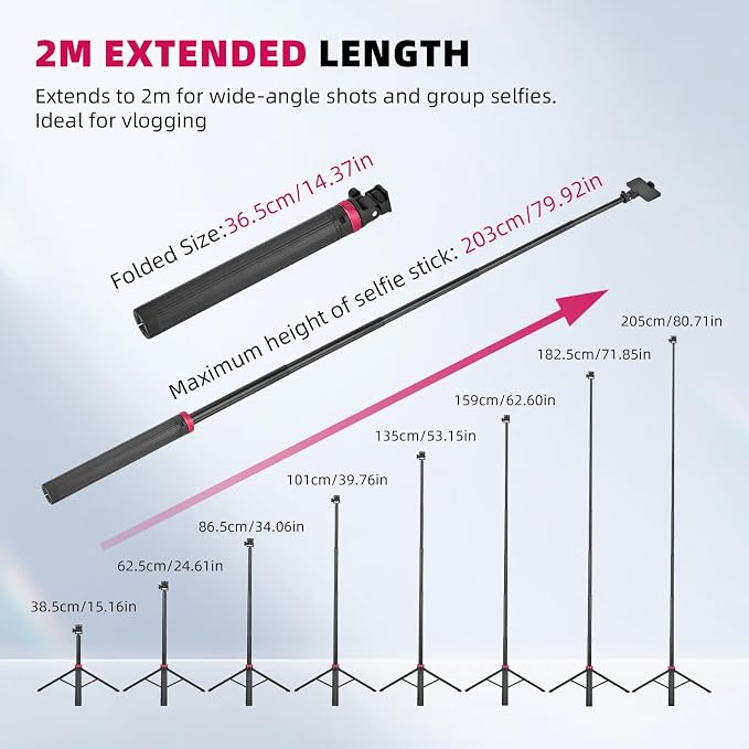 80in Pocket 3 4 Selfie Stick Tripod for GoPro Action Camera, Extendable Stand Vlog Mount for DJI Osmo Pocket 3 4 Action 6 5 Pro 4 3 for Xtra Muse for Insta360 X5 X4 X3 for AKASO DSLR Accessories - Image 2