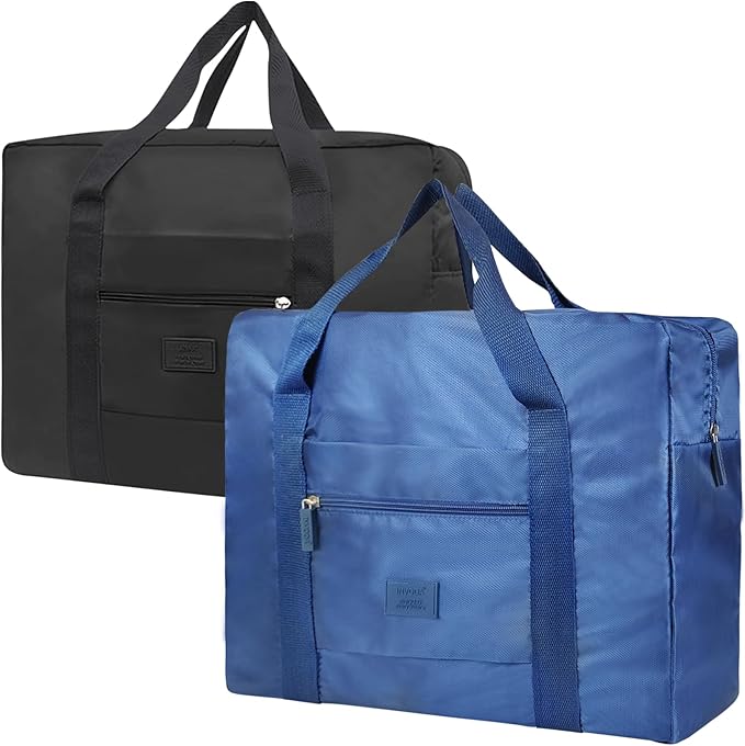 Travel Duffel Bag Carry on Luggage Bag Foldable Travel Tote Bag Waterproof Sports Gym Lightweight Large Weekender Overnight Bag for Women and Men (Black+Blue) by INVODA