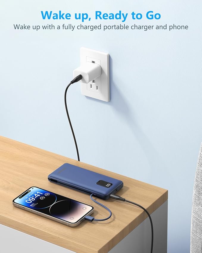 charmast Portable Charger Power Bank 10000mAh with Built-in AC Wall Plug | Built-in Cables,5 Outputs,Flight-Safe,Slim Travel Phone Charger for iPhone 17 14,Samsung Galaxy,iPad,Android,Smartwatch,etc - Image 6