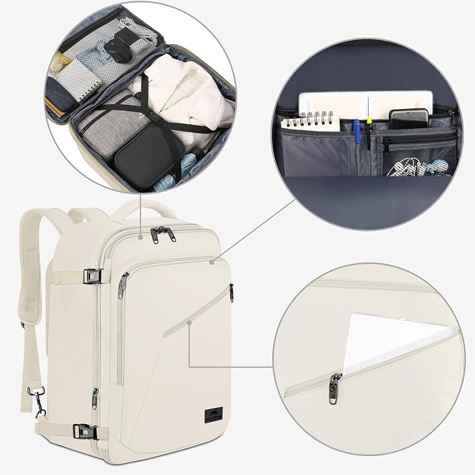 MATEIN Large Backpack for Travel Flight Approved, 45L Carry on Backpack | Expandable Daypack with Padded Shoulder Straps for Adult Men Women, Fits Overhead Bin, Lightweight, Travel Essential, Beige - Image 8