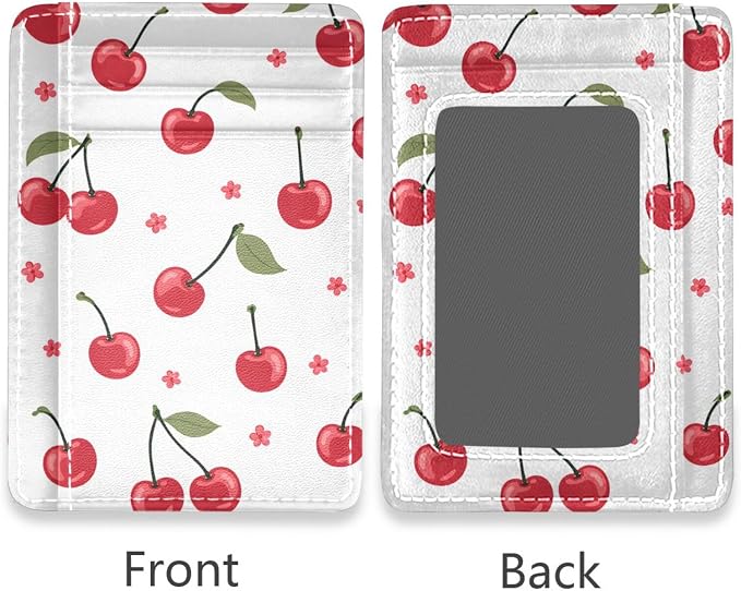 Front Pocket Minimalist Leather Slim Wallet Credit Card Holder Red Cherry for Men & Women - Image 2