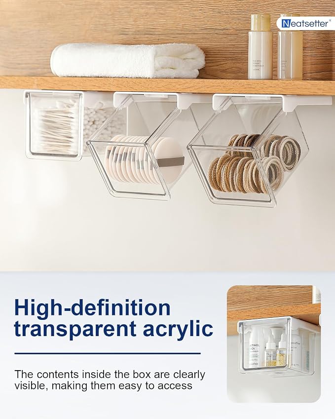 Hanging Cabinet Organizer – 33° Tilted Under Desk Drawer & Bathroom Storage – Self-Adhesive Clear Pull-Out Bins for Kitchen, Office & Vanity (Small) - Image 3