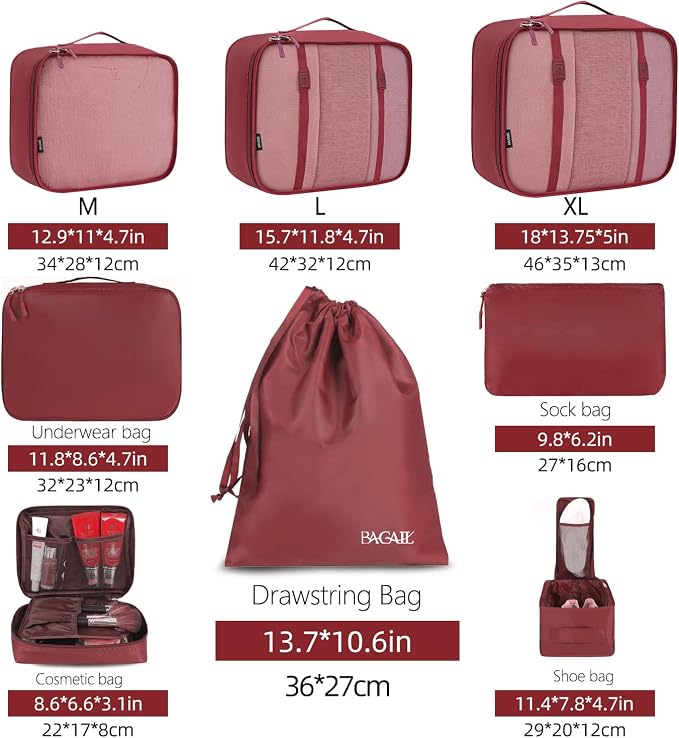 BAGAIL 8 Set Packing Cubes Luggage Packing Organizers for Travel Accessories-Wine Red - Image 2