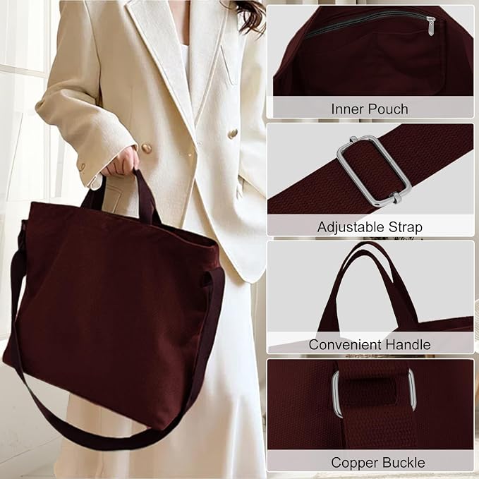 Women's Canvas Tote Bag inside Out Bag with Adjustable Crossbody Strap for Work Travel Shopping Durable Handbag for Men - Image 2