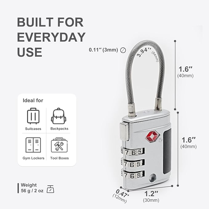 Luggage Locks TSA Approved 2 Pack, Small Combination Padlock, TSA Locks for Luggage, Combo Cabel Padlock for Travel Suitcase, Gym Locker, Gun Case, Ammo Can, Backpack Zipper (Black+Silver) - Image 5