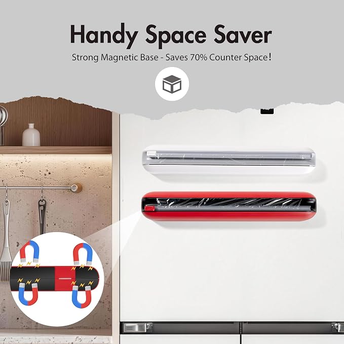 Aluminum Foil & Plastic Wrap Dispenser with Cutter - Easy One-Hand Operation, Space-Saving Kitchen Organizer for Worktops & Cabinets, Magnetic Cling Film Dispenser - Fits 12" Rolls, Red - Image 6