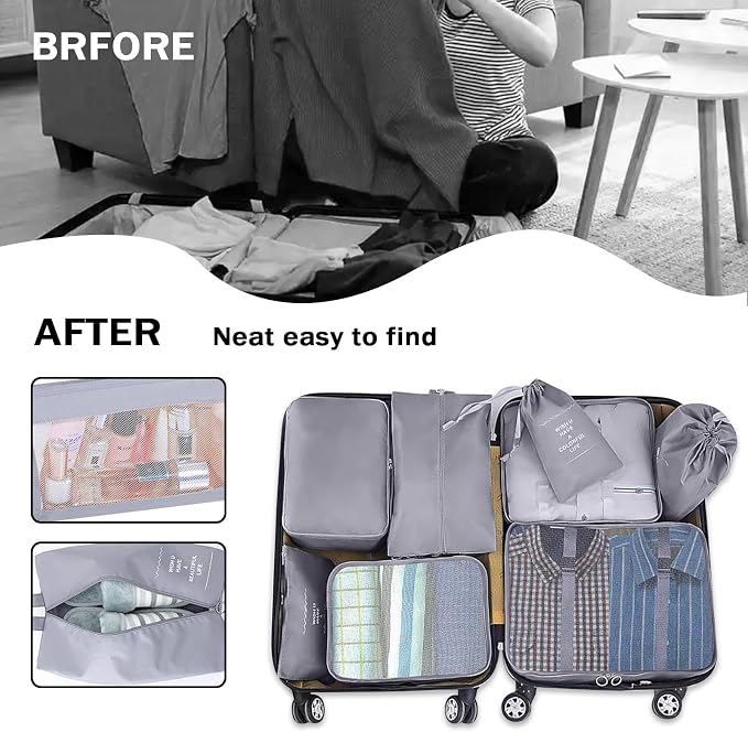 8 Set Packing Cubes for Suitcases, INVODA Travel Luggage Packing Organizers with Laundry Bag, Compression Storage Shoe Bag, Clothing Underwear Bag (Grey) - Image 3