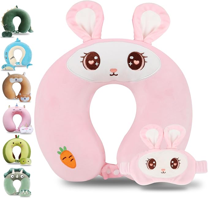 Sexysamba Cartoon Headrest & Neck Pillow for Kids Boys & Girls, Teens, Travel Accessories for Airplane, Car, Recline, Memory Foam Cute Travel Pillow with Sleep Eye Mask - Pink Rabbit by Sexysamba