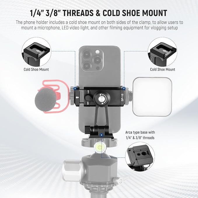 NEEWER Phone Tripod Mount Adapter with Arca Type QR Base, Cold Shoe, SP-18 | 1/4" 3/8" Holes, 360° Swivel, 180° Tilt, Phone Holder Compatible with iPhone Samsung Arca Swiss DJI RS 4 Pro 3 2 Stabilizer - Image 2