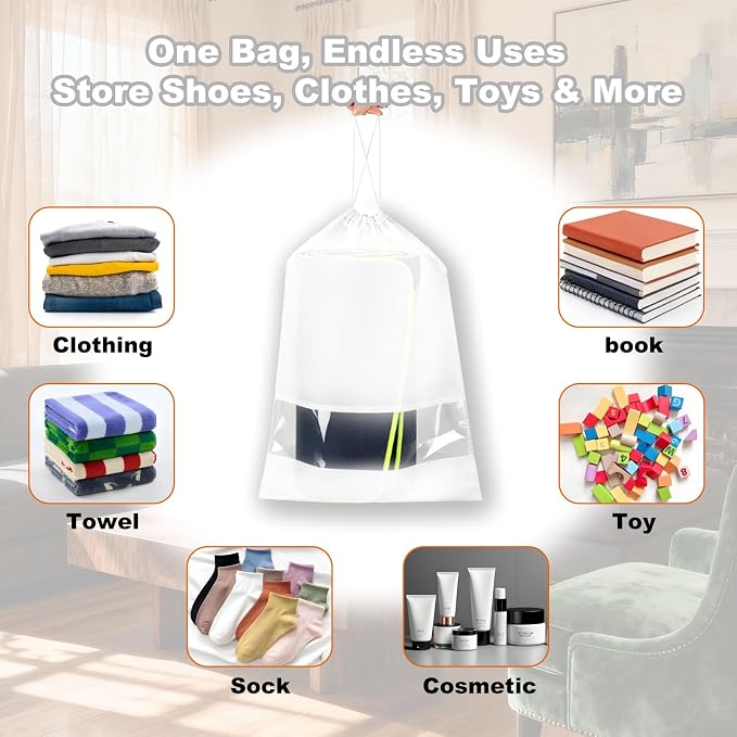 20 Pack Shoe Bags for Travel, 17" x 12.6" Drawstring Shoe Organizers with Clear Window, Breathable Non-Woven Dustproof Pouches for Luggage & Closet (White) - Image 6