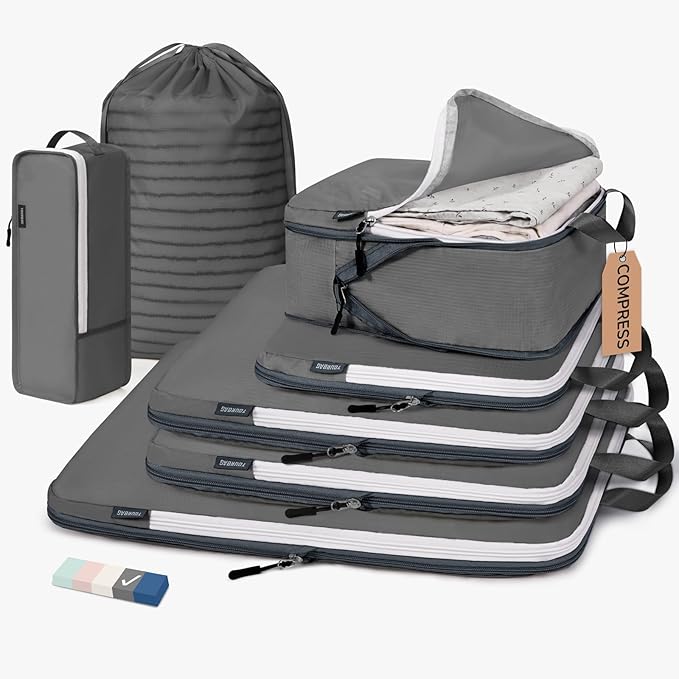 7 Set Compression Travel Packing Cubes for Suitcases, Grey | Travel Essentials for Suitcase, Luggage Organizer Bags for Travel with Shoe Bag, Travel Accessories Expandable Packing Cubes by CherryNow