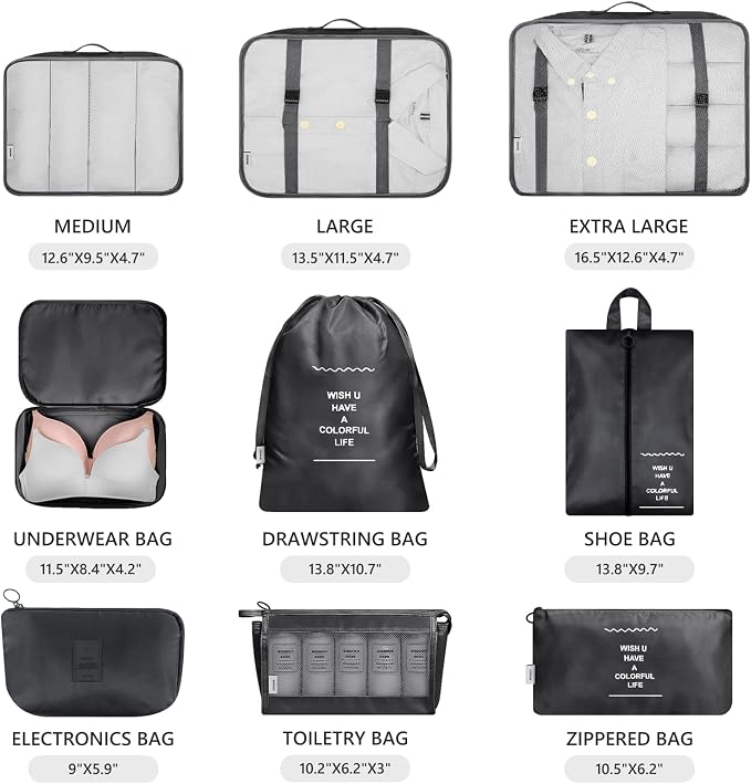 Mossio 9 Set Packing Cubes with Shoe Bag & Electronics Bag - Luggage Organizers Suitcase Travel Accessories - Image 3