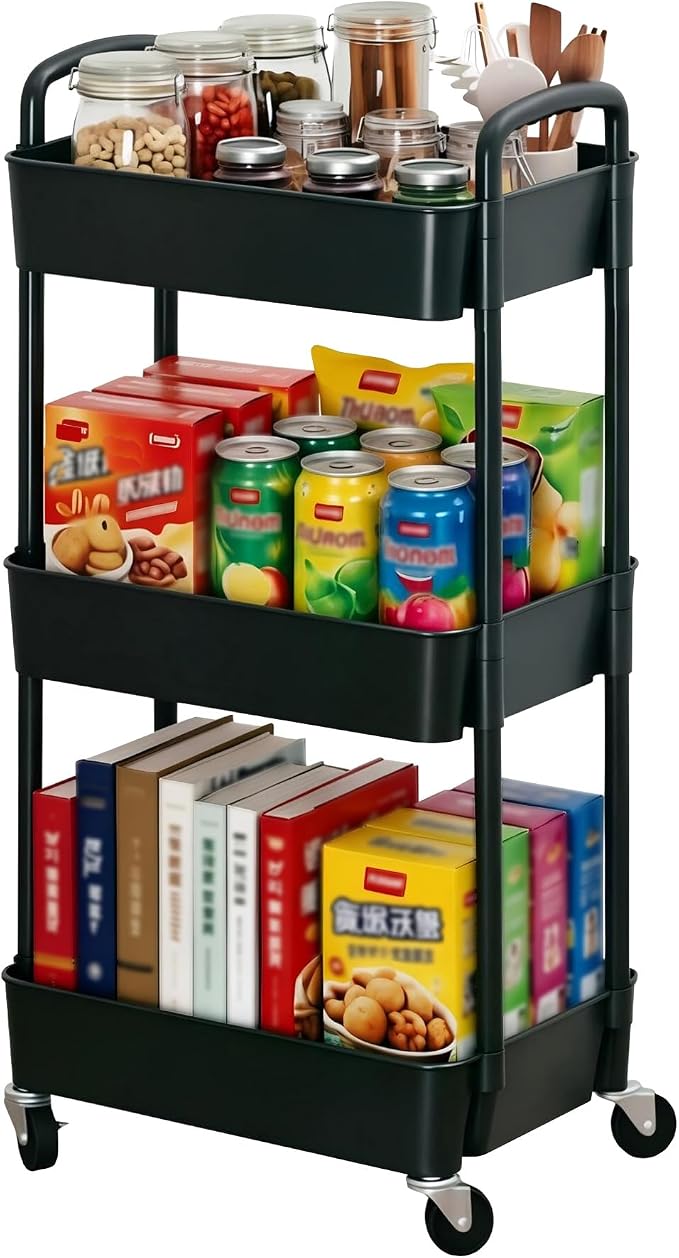 Sywhitta 3-Tier Plastic Rolling Utility Cart with Wheels for Storage,Black | Multi-Functional Storage Trolley, for Office, Living Room, Kitchen, Bathroom,Movable Organizer,Space-Saving,Easy to assemble by haseverythingyouneed
