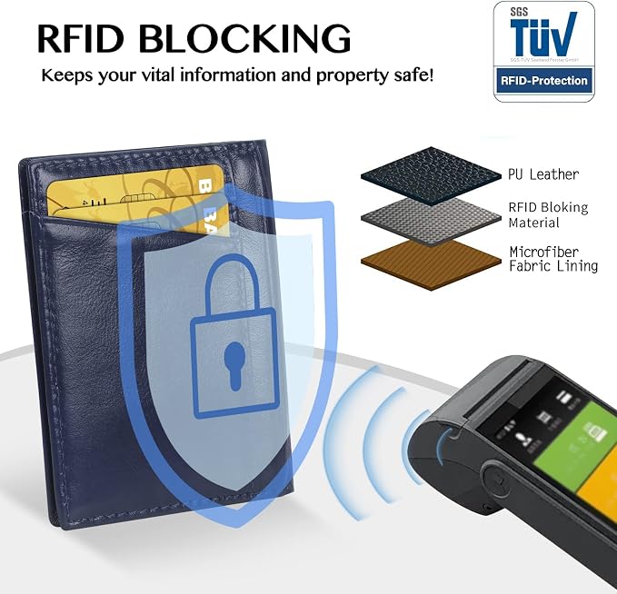 Unaone Slim Minimalist Wallet - Premium Leather RFID Blocking Front Pocket Wallets with 8 Card Slots and 2 ID Window, Dark Blue - Image 4