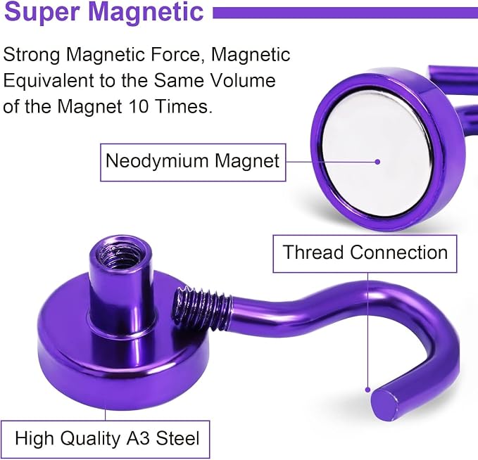 DIYMAG Magnetic Hooks 20pcs 30lbs Cruise Essentials 2026 Magnet Hook Purple | Neodymium Heavy Duty Strong Magnets Hanging Ship Cabins Refrigerator Fridge Classroom Beach Vacation Kitchen Grills Home Tool - Image 2