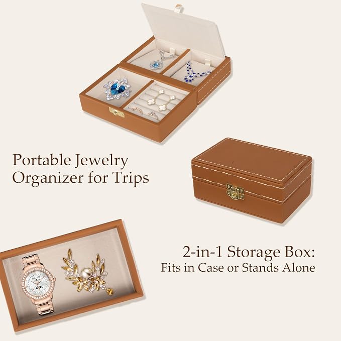 Jewelry Safe, Biometric Fingerprint Safe, Leather Wrapped Jewelry Box with Lock & Mirror, Ultra-Lightweight Jewelry Box Suitable for Home Use & On-the-Go(Three-Tier Brown) - Image 7