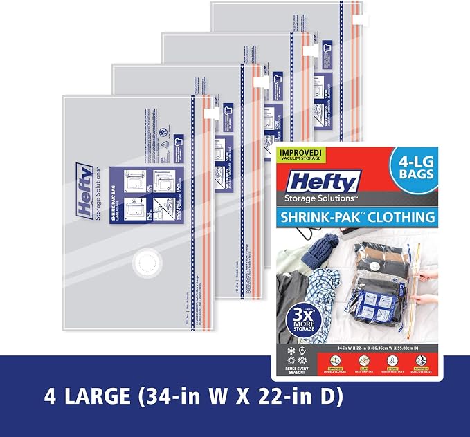 Hefty Shrink-Pak - 4 Large Vacuum Storage Bags for Clothes, Pillows, Towels, or Blankets - Space Saver Vacuum Sealer Bags Ideal Under Bed Storage Solutions - Image 3