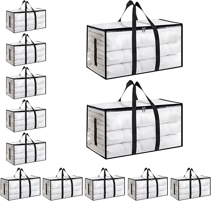 12 Pack-Extra Large Heavy Duty Moving Bags - Waterproof Storage Totes with Handles & Zippers, Foldable for College Dorm, Storage (Clear) by Unknown
