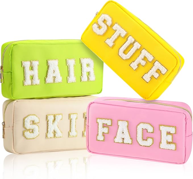 Preppy Makeup Bags Chenille Letter Stuff Bag Nylon Cosmetic Pouch Cases with Zipper for Women Travel Toiletry(Vibrant Color,Classic,4 Pcs) by Cunno