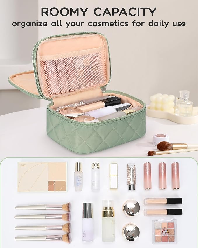 Relavel Travel Makeup Bag, Cosmetic Bag for Girls with 2 Makeup Brush Holders, Portable Makeup Pouch for Women, Cute Toiletry Bag with Double Layer Organizer - Green | Compact Makeup Pouch for Short Trip, Cute Toiletry Bag with Double Layer Organizer -... - Image 6