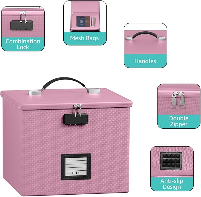 Pink Fire Proof File Box for Documents - Portable Fireproof Document Organizer Box with Handle Waterproof Safe Locking Folder Storage with Lid - Image 4