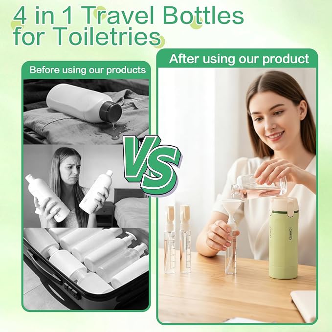 4 in 1 Travel Dispenser Bottle Essentials Camping Toiletries Pump TSA Approved Leak Proof Size Portable Containers Refillable for Shampoo Lotion Creams Body Wash Conditioner Attached Label (Green) - Image 6