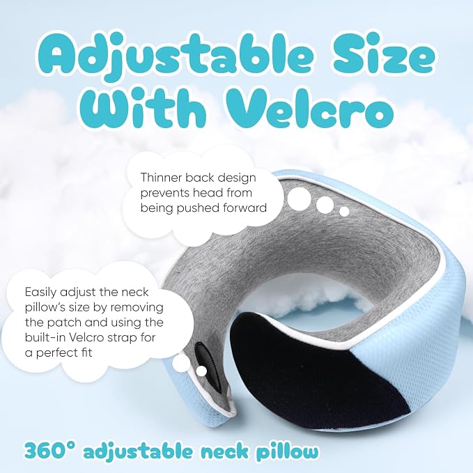 Kids Travel Neck Pillow, Memory Foam, Light Blue, Ages 4+ | Ergonomic Soft Washable Kids Airplane Pillow with Adjustable Strap, Compact Head Support for Car and Booster Seat - Image 4
