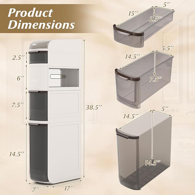 GIANTEX 5-Tiers Narrow Bathroom Storage Cabinet (17'' x 7''x 38.5'') | Slim Rolling Toilet Paper Organizer w/ Drawers, Tissue Box, Movable Plastic Storage Cart for Laundry Living Room Kitchen - Image 3
