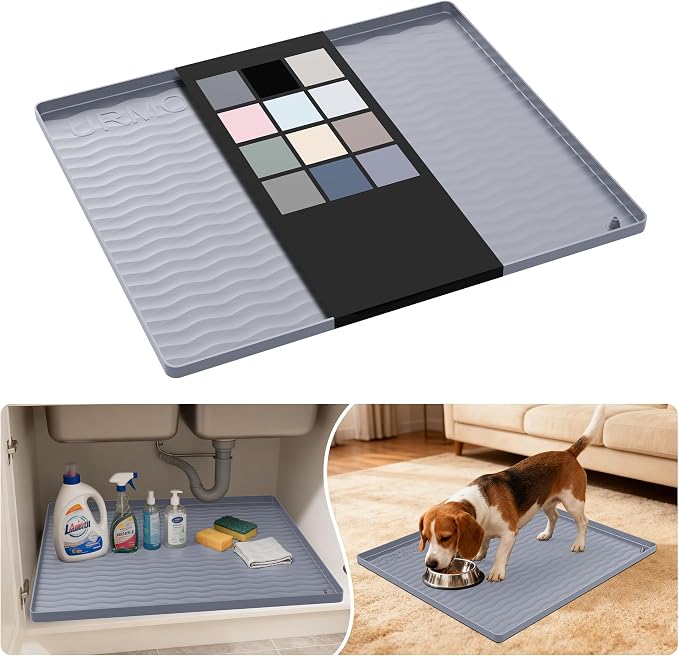 URMONA Waterproof Silicone Under Sink Mat 22'' x 19'' Shelf Liner for Kitchen and Bathroom, Cabinet and Counter Protector, Storage and Organizers, Litter Mat, Pet Cat Puppy Essentials(Light Grey) by URMONA