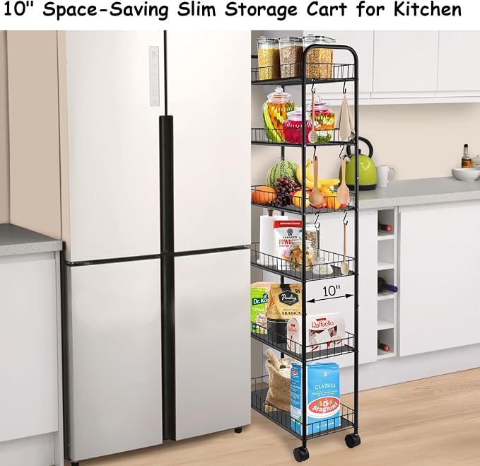 6 Tier Rolling Storage Cart on Wheels, Slim Tall Narrow Storage Shelf for Small Spaces, Metal Utility Cart Freestanding Mobile Shelving Rack with Wheels for Kitchen, Bathroom, Laundry Room - Image 2