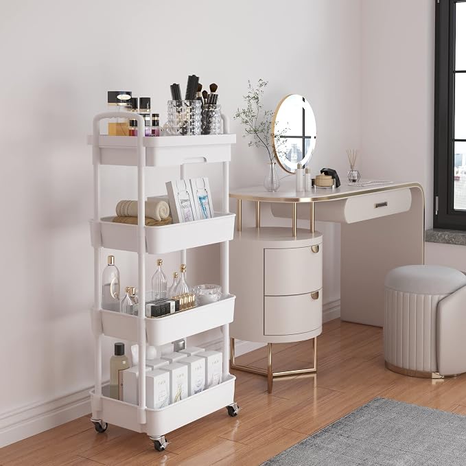 Calmootey 4-Tier Utility Cart with Drawer & Wheels, Storage for Home,Office | Space-Saving Organizer, Sturdy Plastic Shelves, Smooth-Rolling Metal Wheels, Built-in Drawer for Small Items, White - Image 2