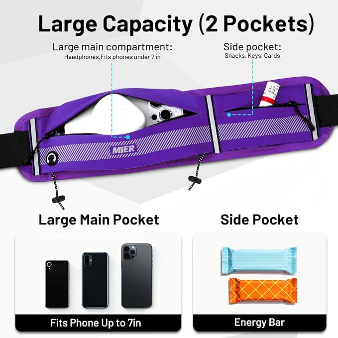 MIER Running Belt for Women & Men, Fanny Pack with Marathon Bib Clip Purple | Slim Adjustable Phone Holder Pouch; Reflective Waist Packs for Running Essentials; Waterproof Zipper Pockets - Image 2