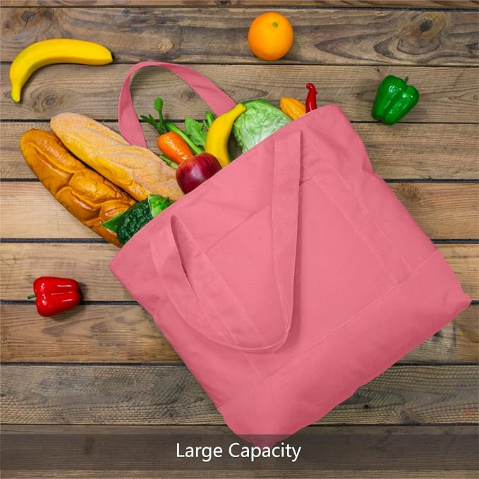 TOPDesign 1-Pack Canvas Tote Bag with an External Pocket, Reusable Grocery Shopping Bag, Top Zipper Closure, Daily Essentials (Rose Pink) - Image 3