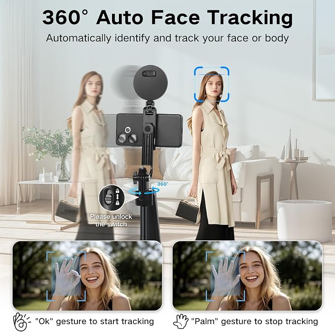 70.9” Auto Face Tracking Tripod for iPhone with Light,360 Rotation that Follows Your Movement,Phone Tripod for iPhone/Android/GoPro,Selfie Stick with Remote for Live Stream Video Recording - Image 2