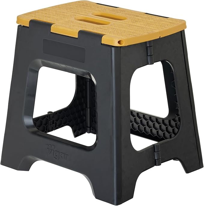 Vigar Compact Folding Step Stool, 12-1/2 in, Black Bamboo Print | 12-1/2 in Foldable Stool, Lightweight Portable Design, Handle, Non Slip Surface, Space-Saving, Supports up to 330 lb by VIGAR