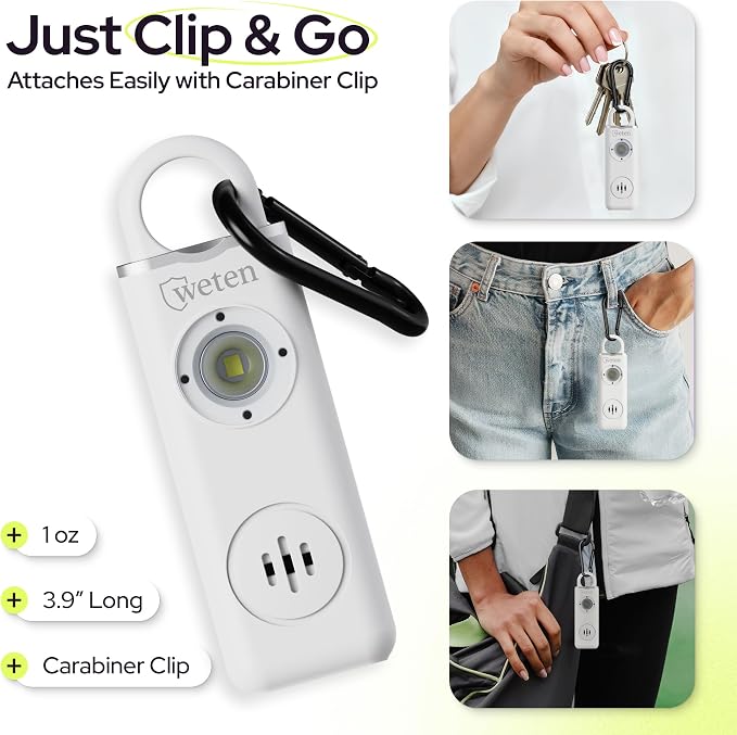 Personal Alarm for Women Safety, 130dB Loud Siren Keychain, TSA Safe, White | USB-C Charging, Carabiner Clip, Low Battery Alert, LED light, Self Defense for Women - Image 6