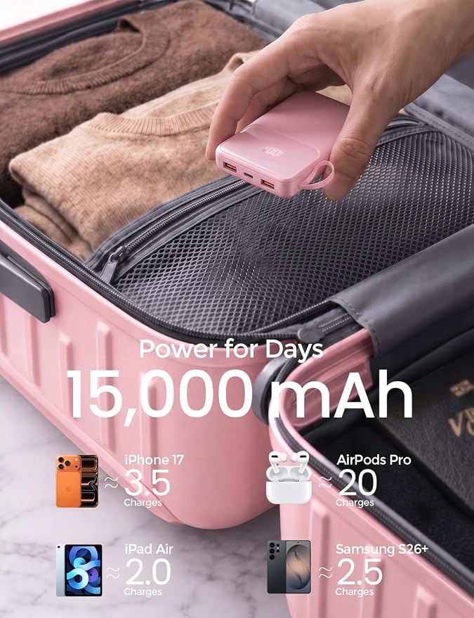 HELLEE 15000mAh Portable Charger Power Bank, Smaller Built-in 4 Cables Pink | 22.5W 50% More Capacity, 45% Smaller, Slim Travel Essential Battery Pack, 30-Min Fast Charge to 50% for iPhone/Samsung - Image 2