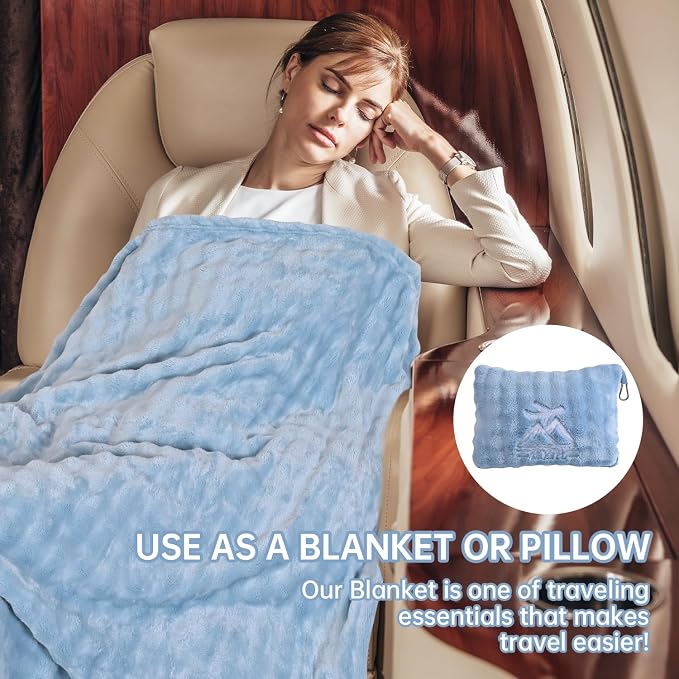 Travel Blanket and Pillow-2-in-1, Ultra-Soft&Compact, One-Piece Airplane Blanket with Hand Luggage Belt and Backpack Clip,Travelers Accessories Gifts, 61x43 Inches (Blue) - Image 6