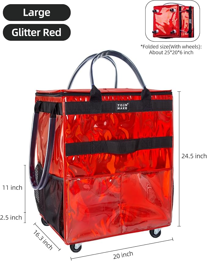 Reusable Grocery Bag with Wheels, Large Glitter Red Rolling Tote | 8 Pockets, Zipper Cover, Foldable for Women, Kitchen, Travel, Carries Up to 76LBS - Image 3