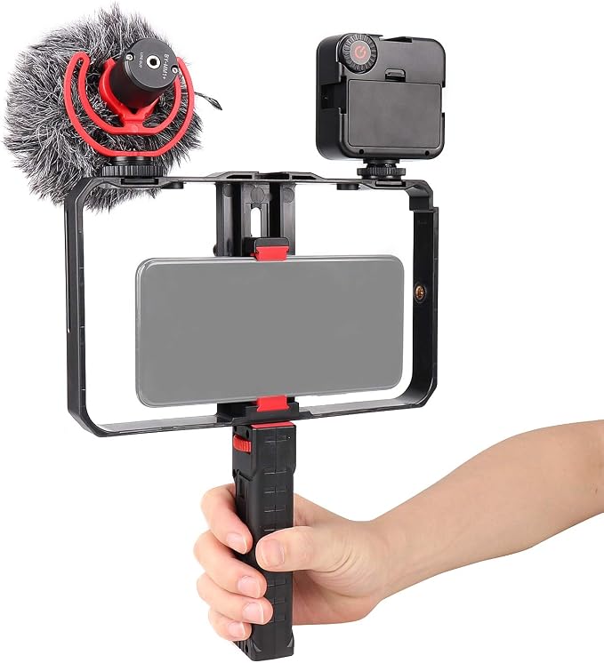 FocusFoto Smartphone Video Rig Camera Cage Mount Holder Stabilizer (Removable Handle Grip Version) with by-MM1 Microphone Mic + 49 LED Light Kit for Mobile Phone iPhone Filmmaking Videomaker by FocusFoto