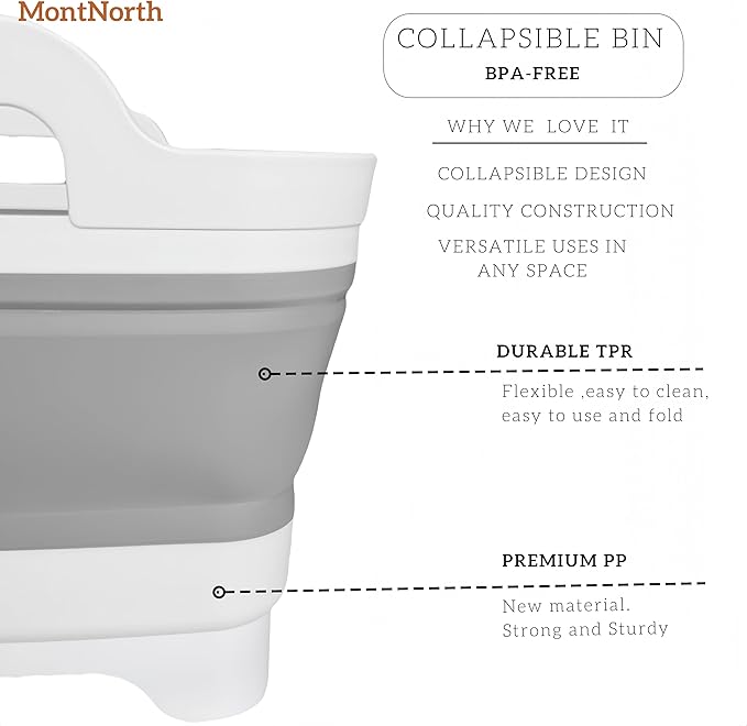 MontNorth Collapsible Wash Basin 9L, Foldable Dish Tub with Drain Plug, Portable Collapsible Dish Basin, Camping Sink for Washing Dishes, Laundry & Kitchen Use,Gray - Image 5